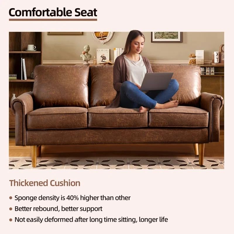 Image of LEGACY OF COMFORT Ainsley 73'' Faux Leather 3-Seat Sofa with Tufted Back Three Seater Sofa for Living Room Guest Room Hotels Office (Dark Brown)