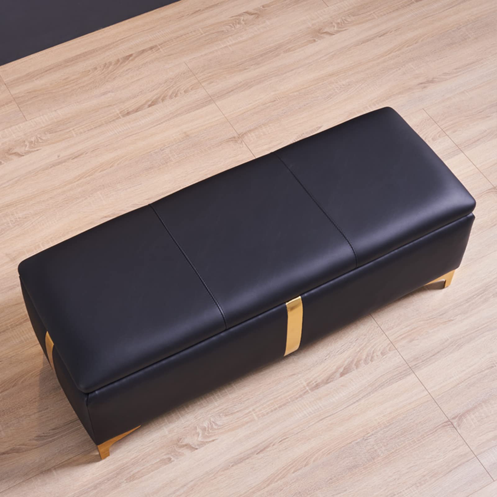Banco rectangular de almacenamiento tapizado de cuero con patas de metal, color beige, 80 x 45 x 42 cm, ideal para sala de estar, dormitorio, entrada, pasillo