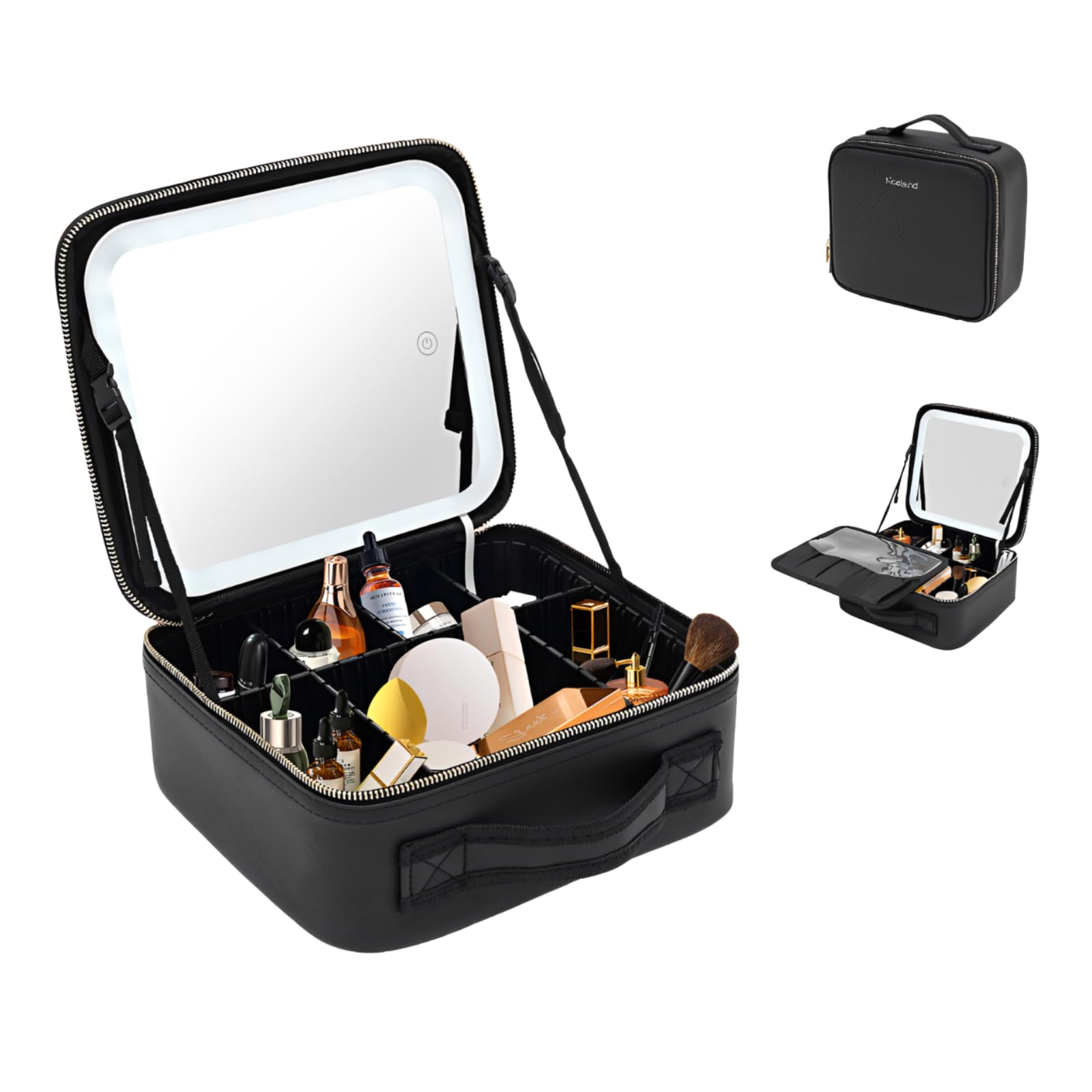 Reisekosmetiktasche mit beleuchtetem Spiegel, wasserdichte Makeup-Trainingsbox mit LED-Spiegel, Einstellbarer Helligkeit in 3 Farbszenarien, Verstellbaren Teiler, Geschenk für Frauen (Schwarz)