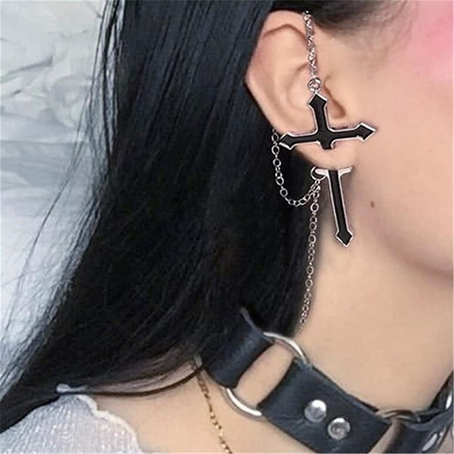 Aretes colgantes de cadena de cruz punk negra personalizados, aretes de gota de punción para mujeres y hombres, regalos de joyería, Esmalte, N/P 6