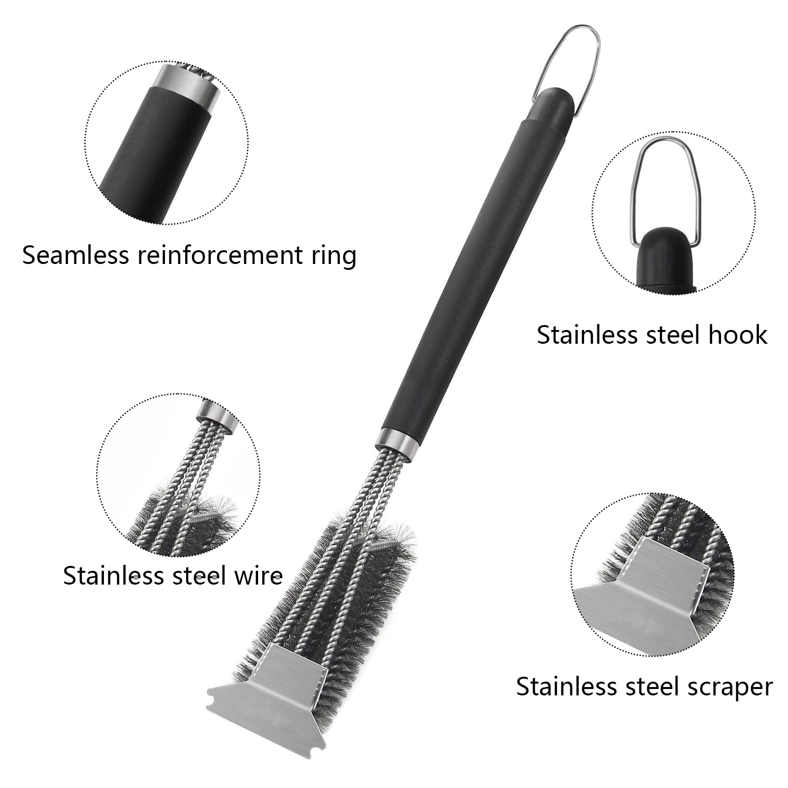 Szczotka do czyszczenia grilla 46 cm, bardzo długa, uchwyt z izolacją termiczną z polipropylenu (PP), ze skrobakiem, do grilla gazowego, na węgiel, z palnikami i elektrycznego
