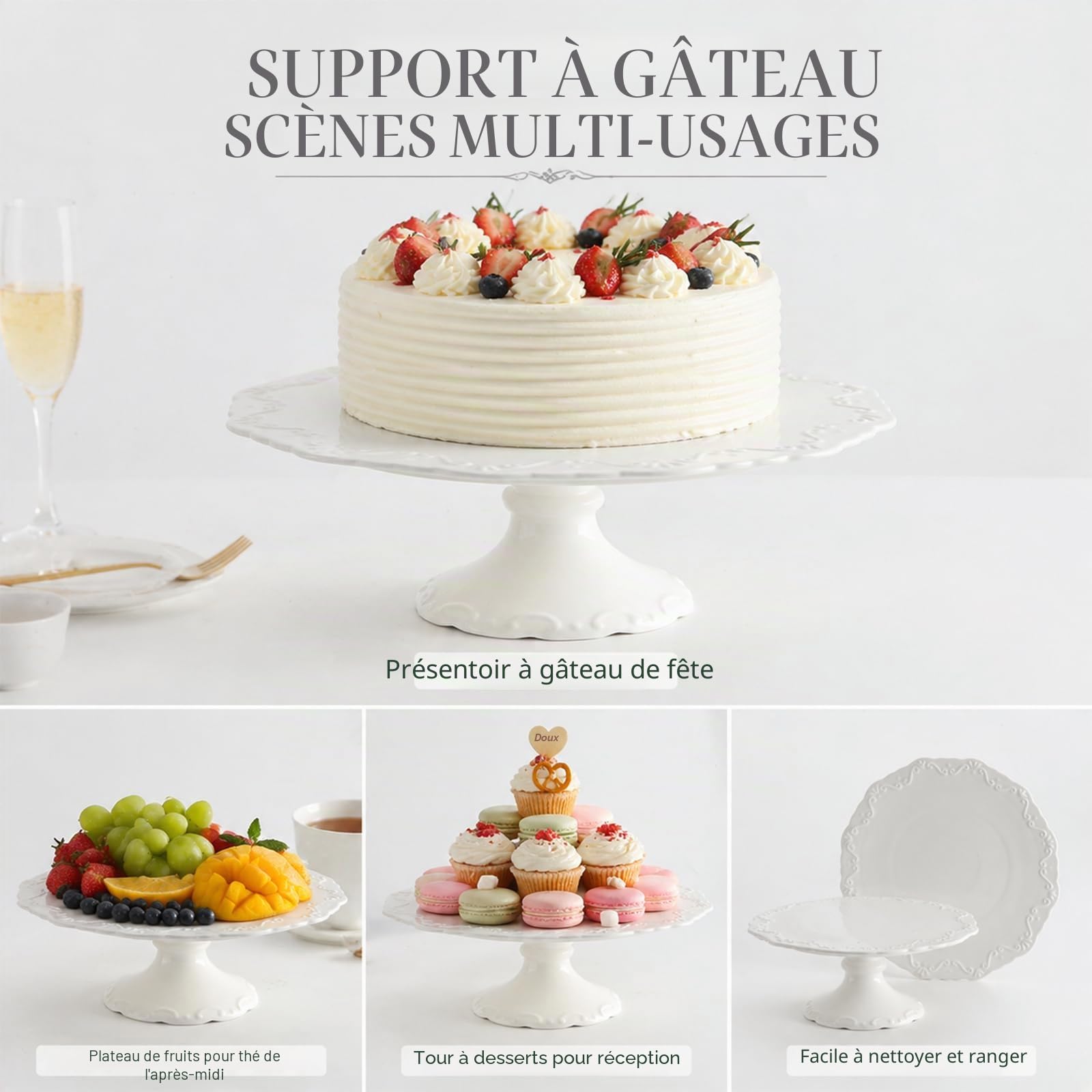 Support Gâteau En Porcelaine Blanche, 30 Cm (12 Pouces), 1 Pièce Élégante Européenne Avec Pied Haut, Résistant au Lave-Vaisselle, Adapté Aux Gâteaux Jusqu'à 25 Cm