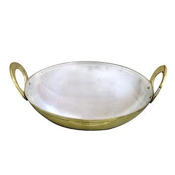 SHIV HOME WORLD Brass Kadai with Kalai Heavy Guage, Brass Kitchen Utensil with Tin Coating. Handicraft. Capacity = 2.1 Liter