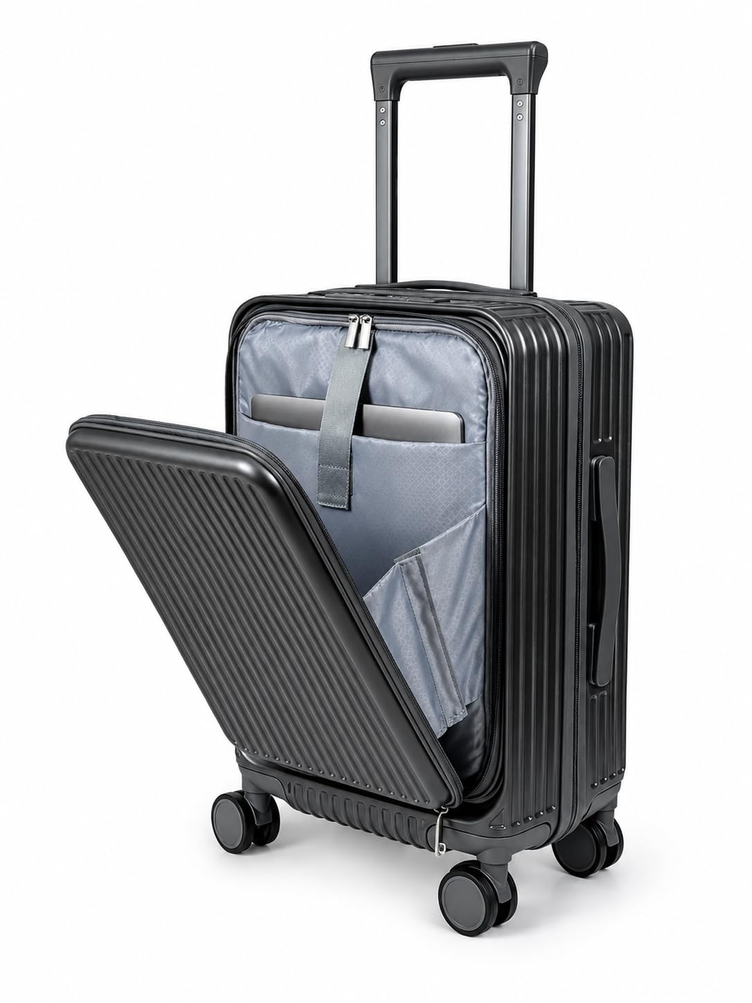 Valise Cabine 55 cm Compatible Avion – Bagage à Main Rigide en ABS, Extensible, avec Serrure TSA – Port USB, Porte-Gobelet, Compartiment Ordinateur – 4 Roues Doubles 360 Gris Anthracite