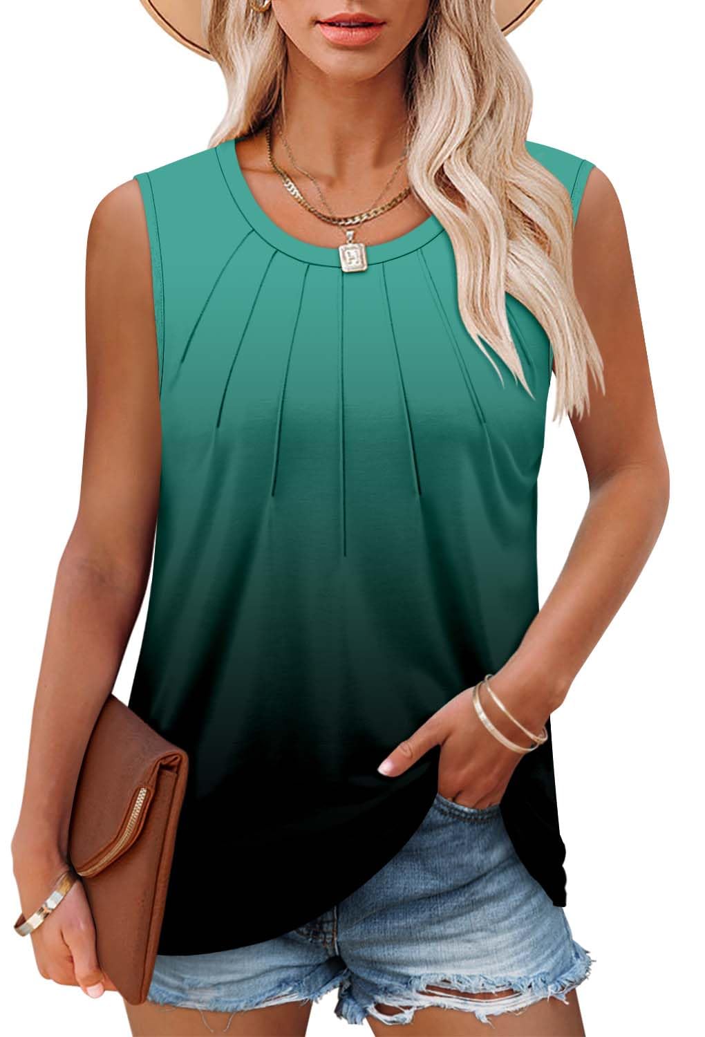 onlypuff Womens Tank Tops Crewneck T-Shirt Pleated Summer Sleeveless Blouse Shirts