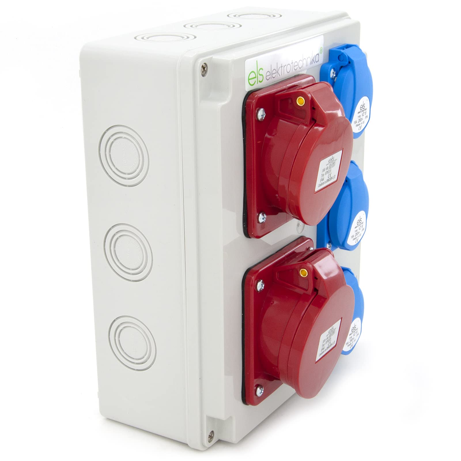 ELS Elektrotechnika Distributore a parete, 3 x 230 V, Schuko & 1 x 32 A/5P & 1 x 16 A/5P distributore di corrente di costruzione, cablato, pronto per il collegamento, per cantieri IP44