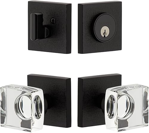 Quadrato - Rosetón de lino de 2-34 pulgadas con perilla de cristal Quadrato y cerrojo a juego en negro satinado