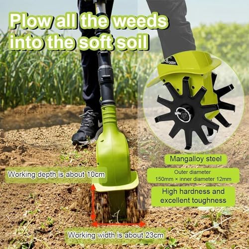 Coltivatore a cordone a cordone elettrico, rotavatore da giardino con batteria e caricabatterie da 2 x 2000 mAh, profondità di lavoro di 25 cm, larghezza di cilitine da 10 cm, timone rototiller