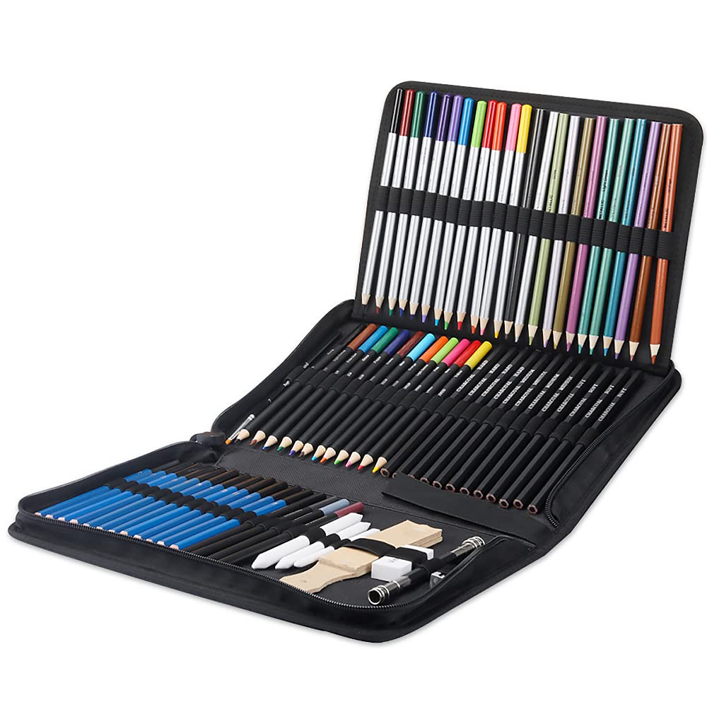 Kit de croquis complet de 72 pièces avec sac de transport, crayons de couleur, crayons graphite, fournitures artistiques pour débutants, artistes professionnels