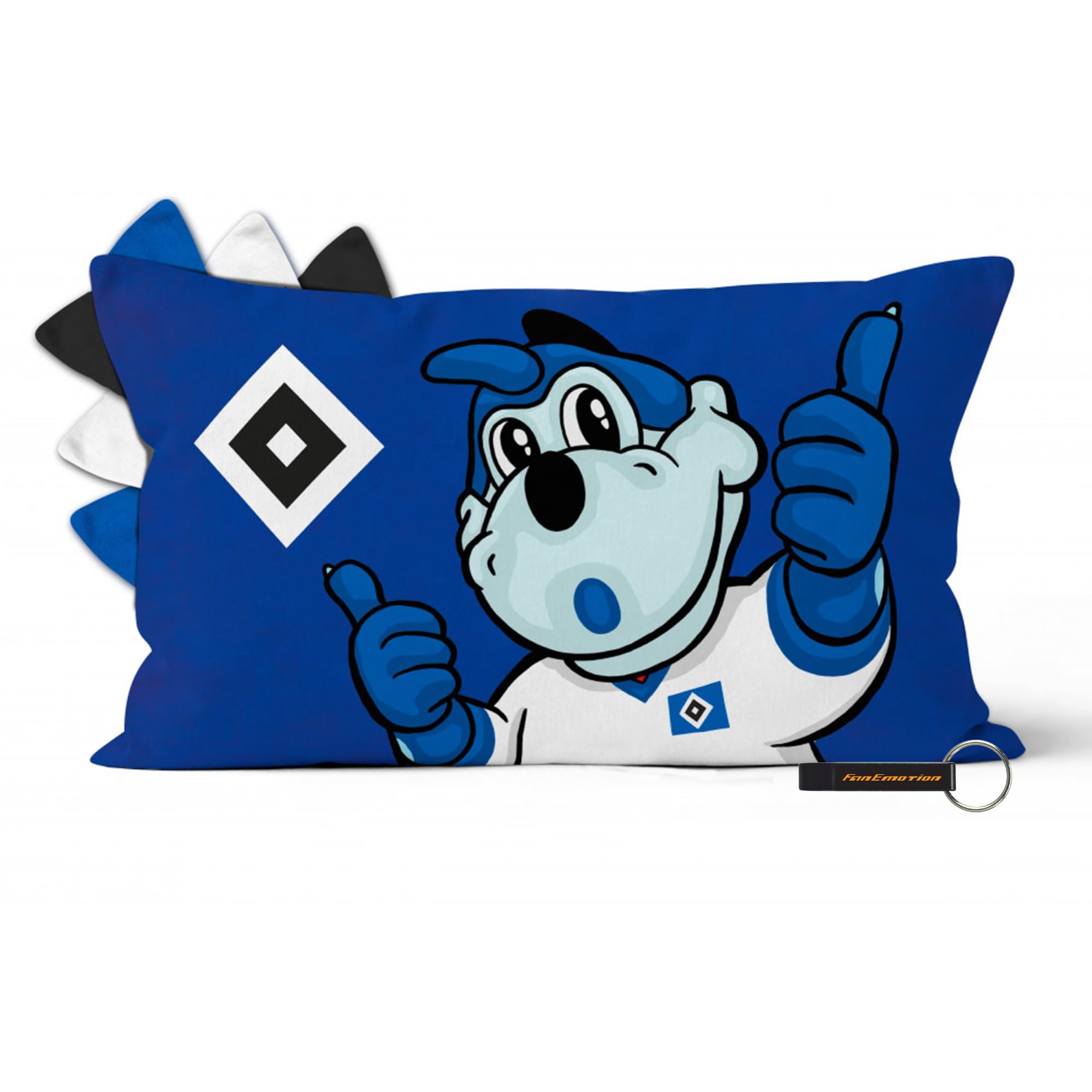 Hamburger SV HSV Nickikissen Hermann 45x26 cm, Blau, mit Dino Hermann und HSV-Raute Offizielles HSV Merchandise + FanEmotion Flaschenöffner
