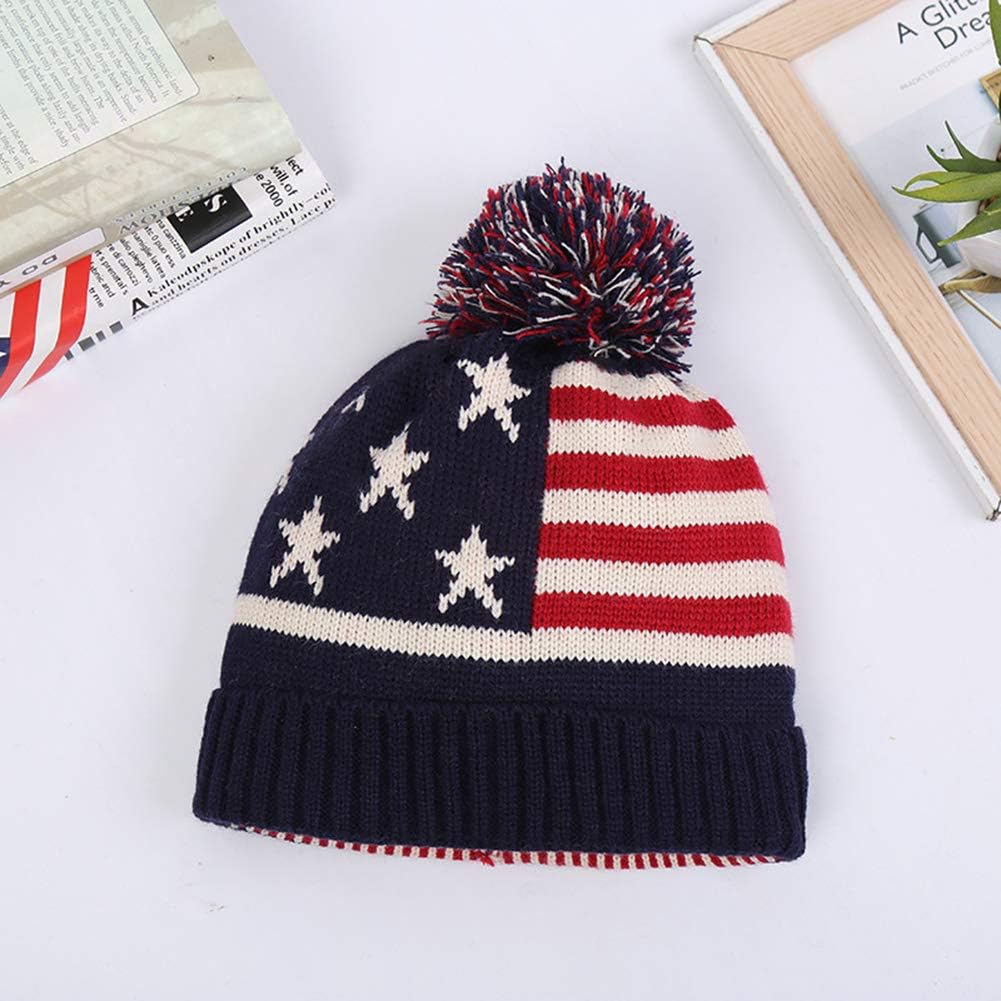 PENINSULA LOVE Adult American Flag Cuffed Beanie Hat Cable Knitted Warm Winter Beanie Thermal Slouchy Hat with Pompom - Image 7