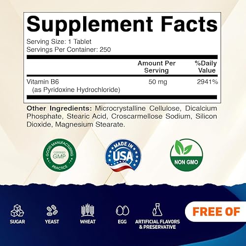 Miniatura 2 de Vitamatic Vitamina B6 (Piridoxina HCI), 50 mg 250 tabletas vegetarianas - Promueve la producción de energía, aumenta el metabolismo y el apoyo a la