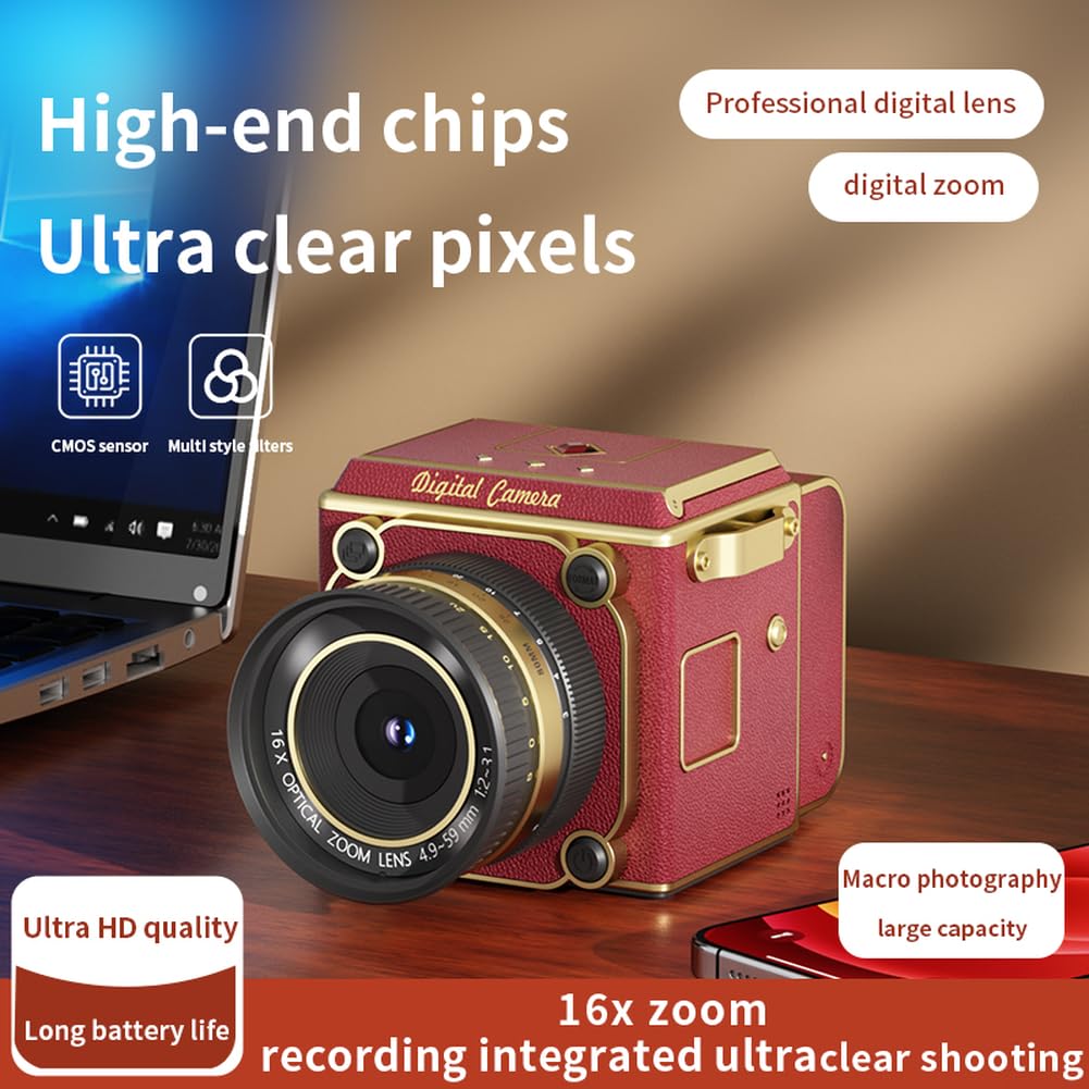 Appareil photo numérique vintage rétro 64 MP 4K FHD Mini appareil photo pour tous les âges, boîtier en ABS, compatible avec carte SD, pour vlogging et photographie quotidienne, compact et léger (noir)
