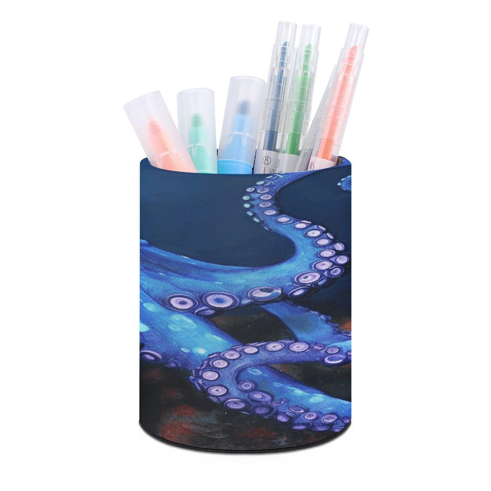 VstaDank Blue Octopus Pen Holder PU Leather Pencil Cup Minimalist Desk Pencil Holder Round Make Up Brush Organizers For Office Dorm Room&Vanity Desk Accessories