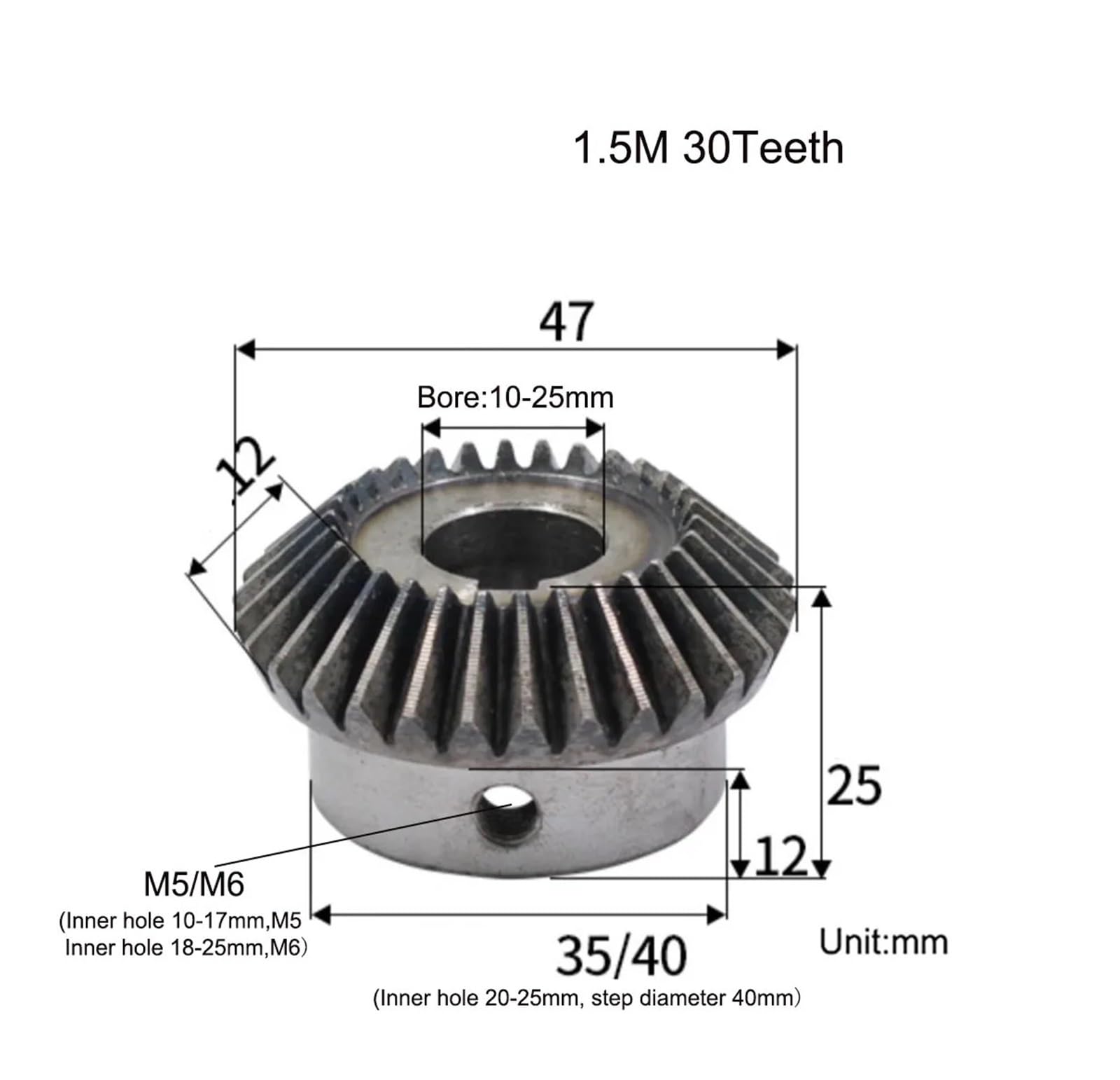 Bevel Gear Pinion Hardware Mechanical 1.5 Module 30 Tooth Bevel Gear with Keyway 1:1 45# Steel 90 Degrees Mechanical Power Transmission Gear(12mm Keyway 4mm)