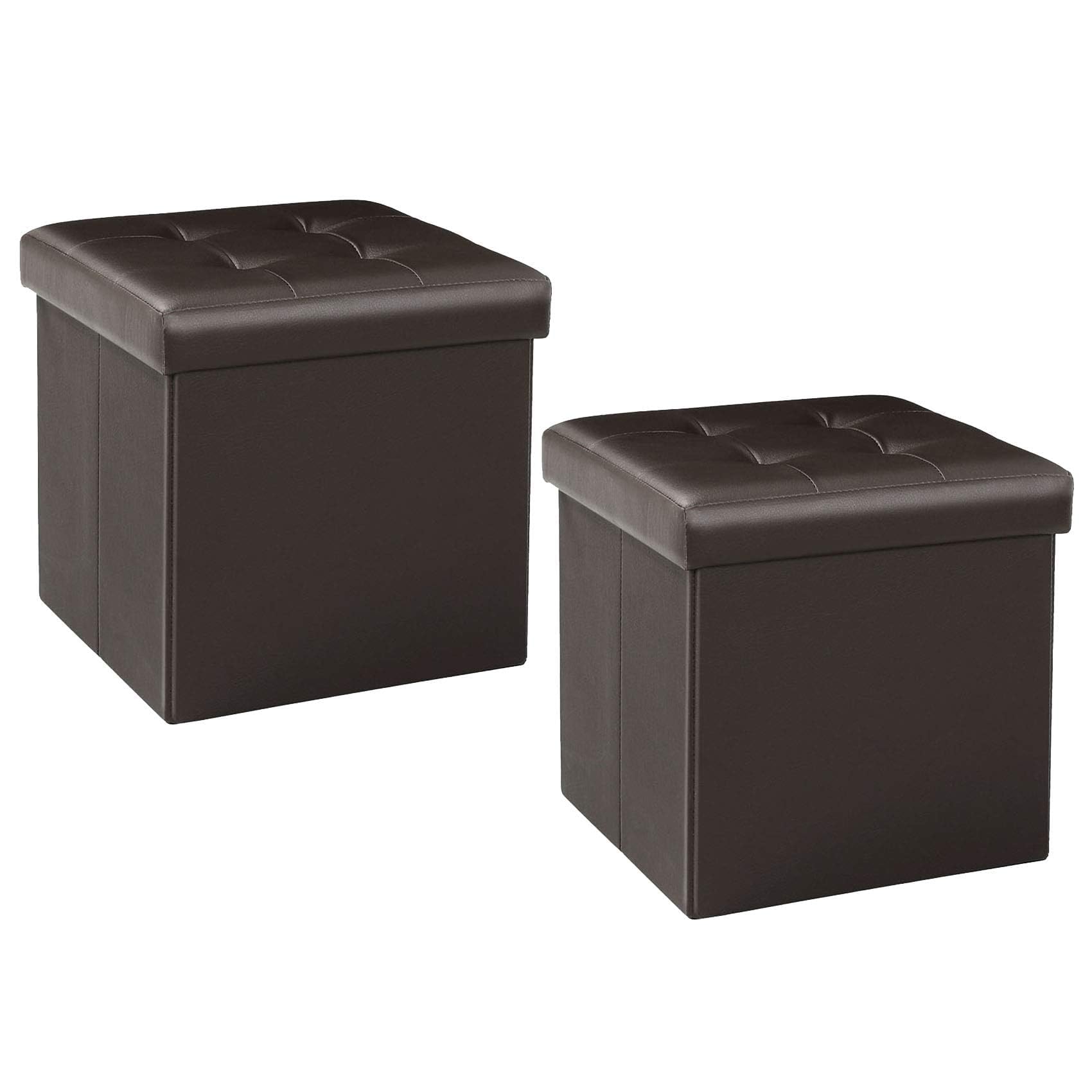 Bonlife Pack of 2 Storage Ottoman Cube, Folding Chest Toy Box, Folding Foot Stool for Living Room,Seat with Lid,Brown,Faux Leather,32X32X32cm