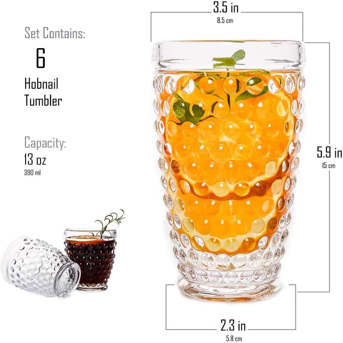 Hobnail Highball zestaw 6 szklanek 385 ml staromodny mrożony napój vintage zestaw do mleka piwa sodowego soku whiskey idealny na stół obiadowy imprezy bary restauracji (krystalicznie przezroczysty)