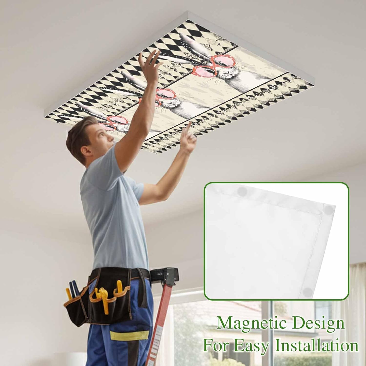 2x4 ft Fluorescent Light Cover for Ceiling Easter Bunny Abstract Palid Magnetic Light Filters, Funny Rabbit Wearing Glasses Ceiling Lampshades for Home School Office 4Pcs