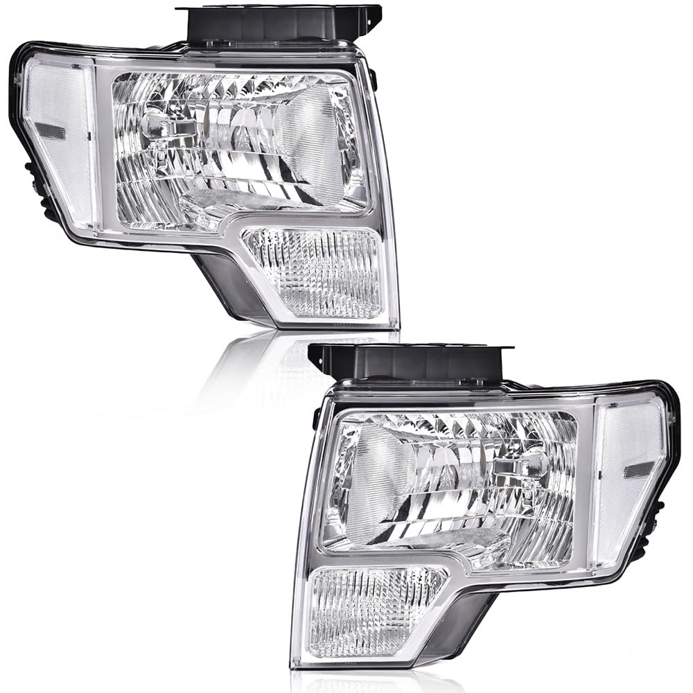 DOTCOM Headlights Assembly, Compatible with 2009-2014 Ford F150 09-14 Headlamp, Driver and Passenger Side, Clear lens Chrome Housing Clear Reflector (Not Fit Led Style,Only Fit Without Led Style)