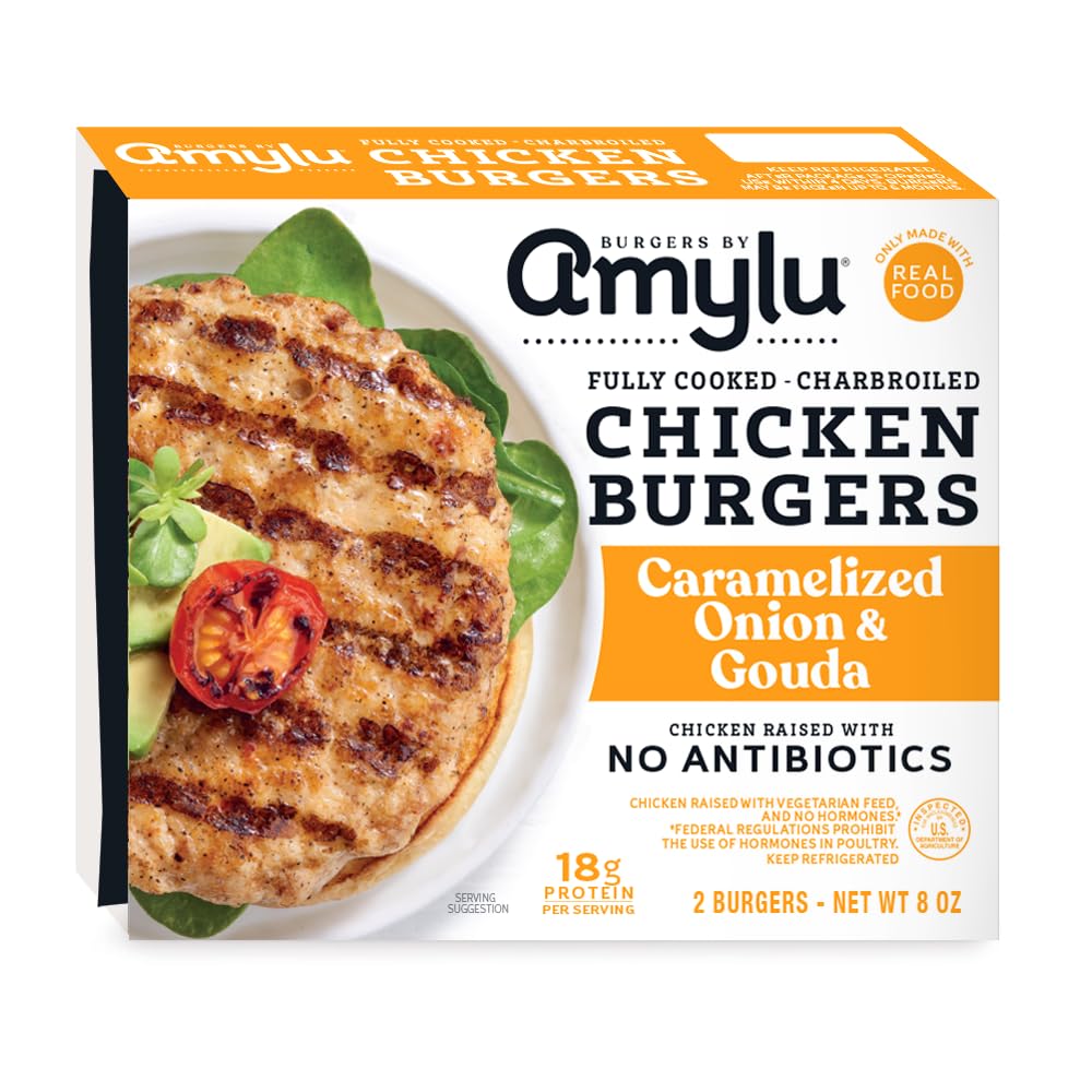 Amylu Foods Caramelized Onion Gouda Chicken Burger Natural Ingredients 18g of Protein Chicken Raised with No Antibiotics Fully