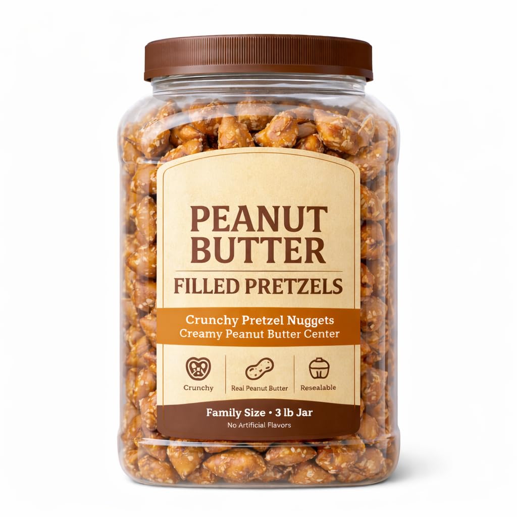 Peanut Butter Filled Pretzel Nuggets, Crunchy Snacks with Creamy Center, Resealable Family Size Jar, Bulk Sweet & Salty for Parties, Office & Home, 55 Oz