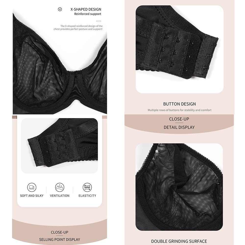 Seksowny, ultracienki, przezroczysty biustonosz Plus Size Bielizna Biustonosz BCDEF Cup Czarny biustonosz w dużym rozmiarze(Black_42D)