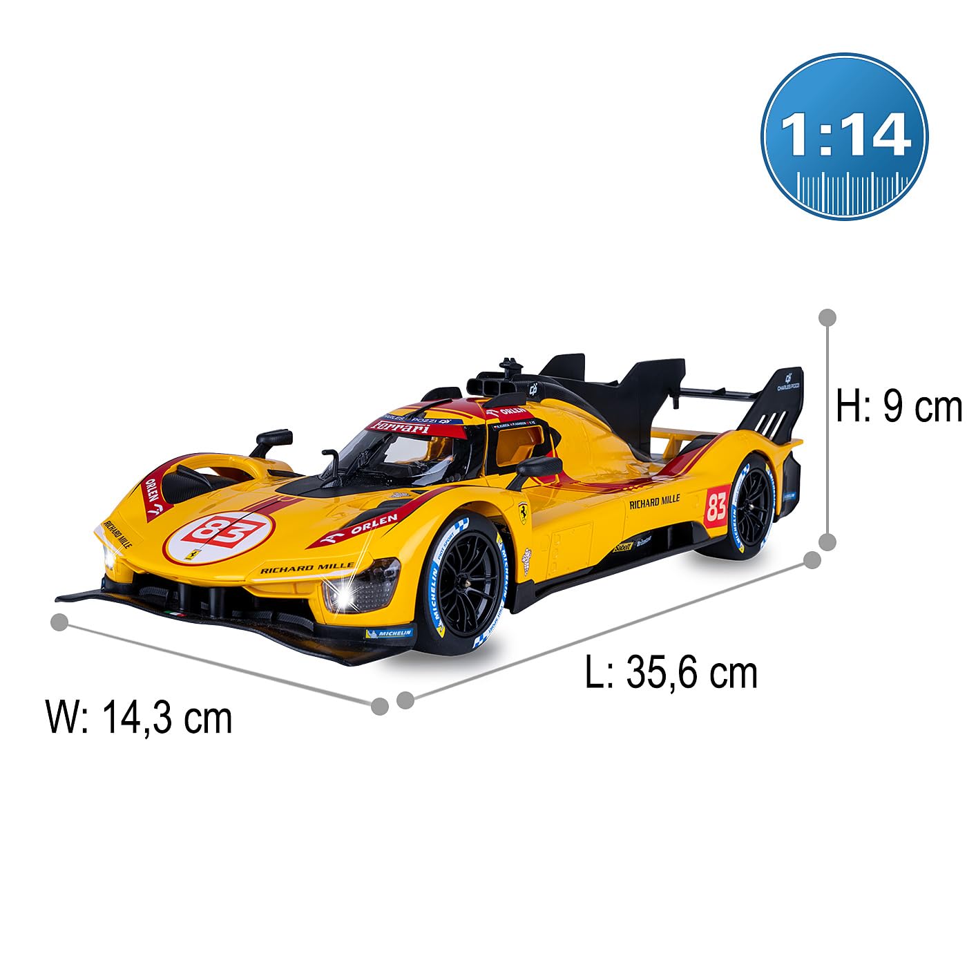 JAMARA 402262 Ferrari 499P-N83 1:14 żółty, 2,4 GHz, licencjonowany, zdalnie sterowany samochód RC z ręcznymi drzwiami, model samochodu, zabawkowy dla dzieci