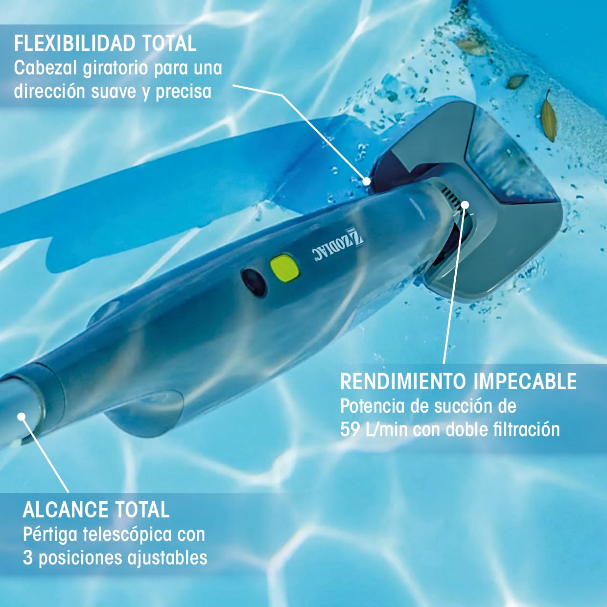 Zodiac Serenit MVH 20 77943 - Aspirador Manual de Piscina con Batería Litio, Cabezal Giratorio y Doble Filtración, Mango Telescópico 3 Posiciones 80/170 cm Adaptado a Escaleras o Zonas Poco Profundas