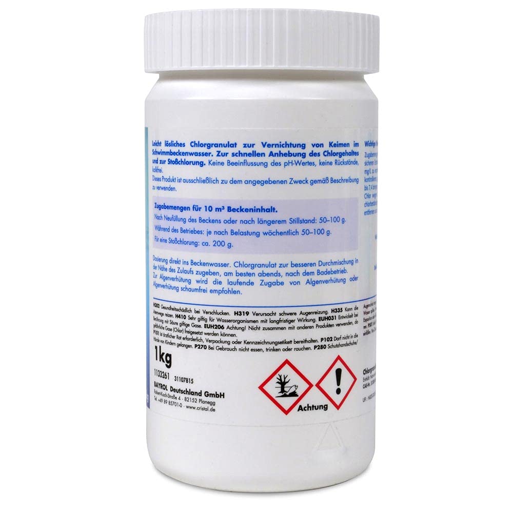 Cristal Pool Set - 20 g Chlor MultiTabs 1 kg - Chlorgranulat 1 kg - pH-Senker 1,5 kg Teststreifen 50 STK.- Dosierschwimmer - inkl. Pflegebroschüre
