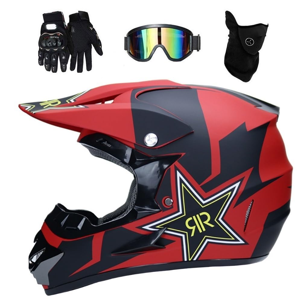 Full Face MTB Motocross Helmet, Youth Kid Off Road Enduro Racing ATV Motorbike Helmet, Downhill BMX Quad Dirt Bike Crash Helmet Protective Gear, with Goggles Mask Gloves ( Color : Matt Black Red , Siz