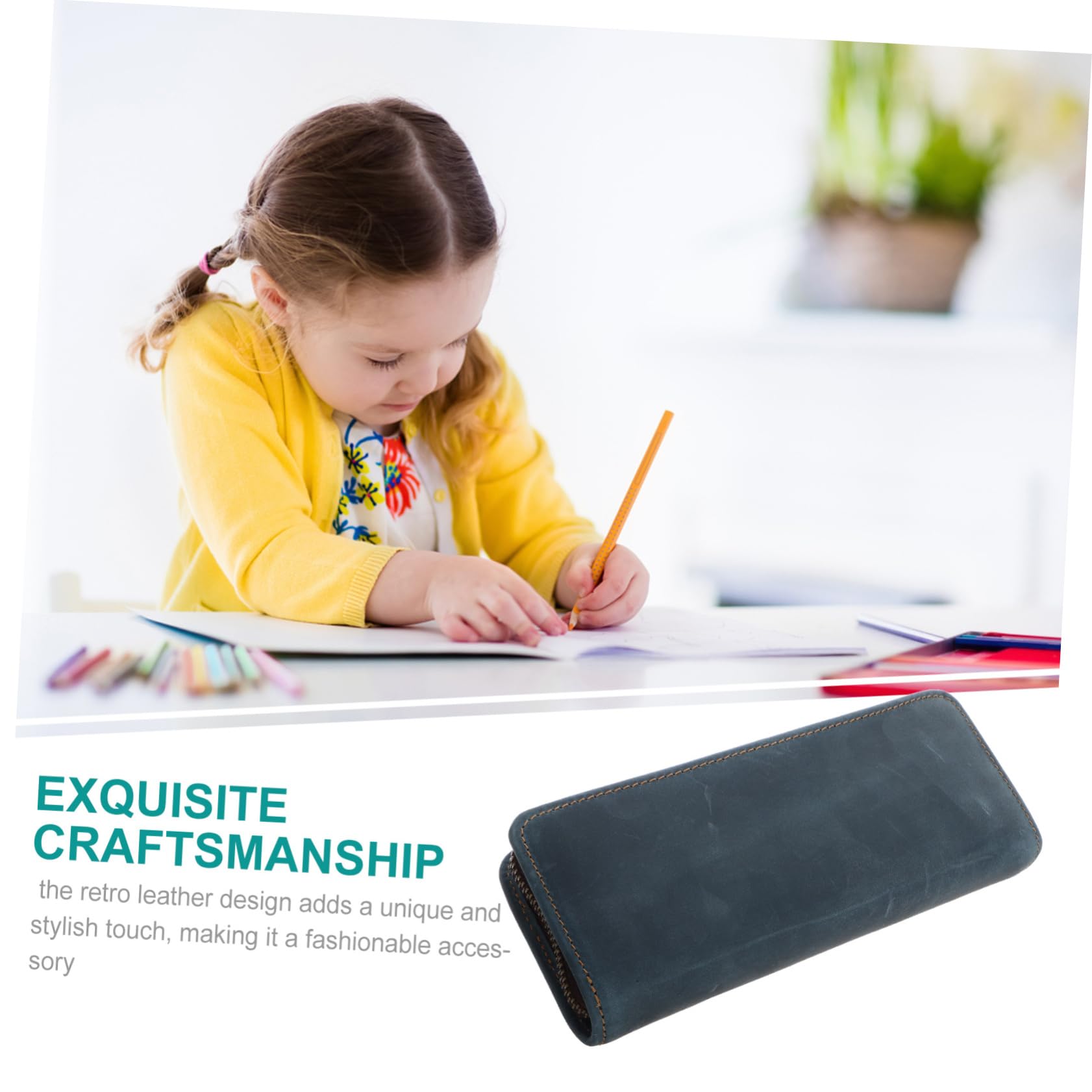 NUOBESTY Estuche de Cuero Azul para Lápices y Bolígrafos, Cuadrado, Cremallera, Gran Capacidad, Adecuado para Escuela y Hogar, Estilo Retro Creativo