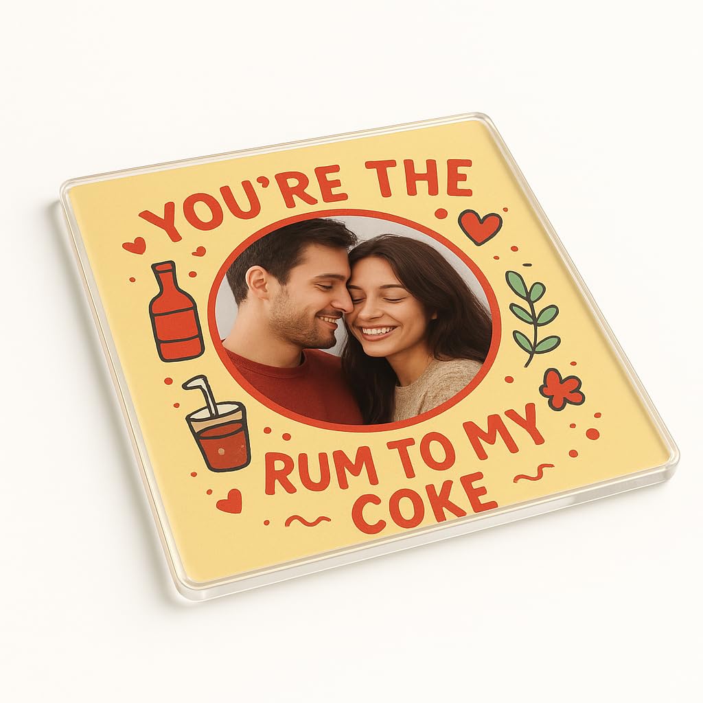 The Plum Penguin Rum & Coke Love Personalised Photo Acrylic Coaster Gift - Cute Doodle Style Photo Frame With Romantic Message For Couples, Modern Drinkware Accessory