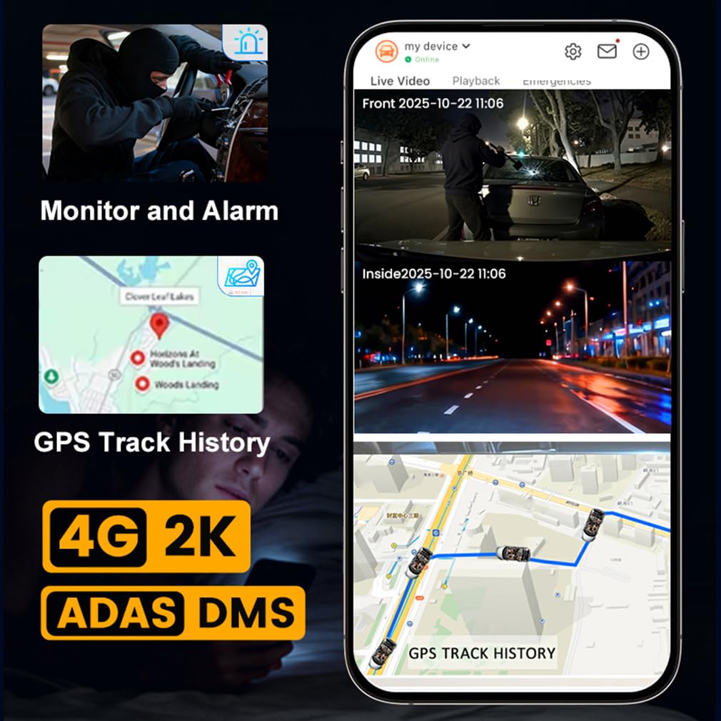 Cámara de salpicadero de coche 4G LTE ULHD 2K, tres canales frontal interior y trasero 2K+1K+1K DVR para coche con ADAS DMS, compatible con control de aplicación WiFi, con reproducción de seguimiento
