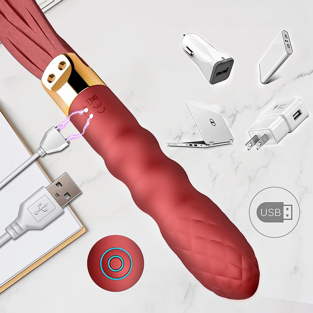 SXOVO Fouet BDSM avec Manche Vibrant Fouet Sexy Érotique 2 en 1 Gode Vibro-masseur avec 10 Modes Vibration pour Stimulation Prostate et Massage Point G Martinet Sexy Adulte Sex Toýs Couple