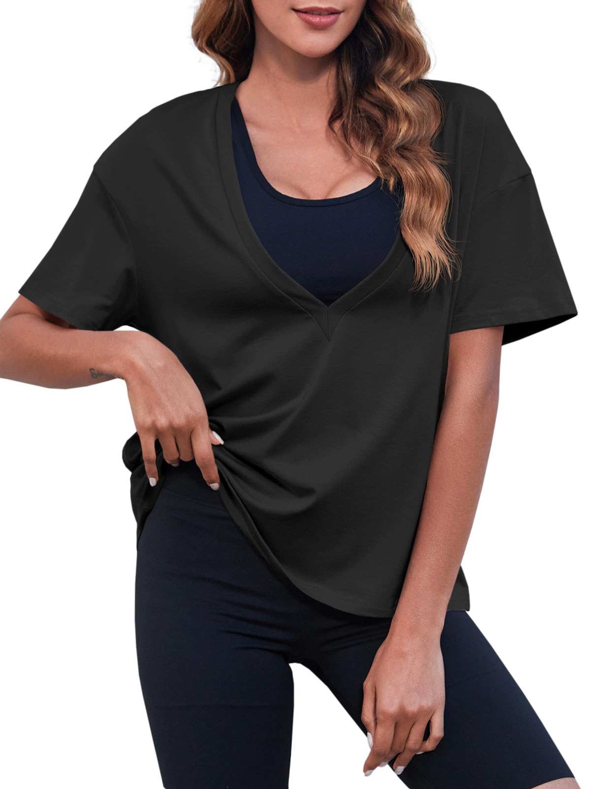 Tankaneo Womens Sexy Deep V Neck T-Shirts Summer Short Sleeve Tops Casual Loose Fit Basic Tees: Navy XX-Large