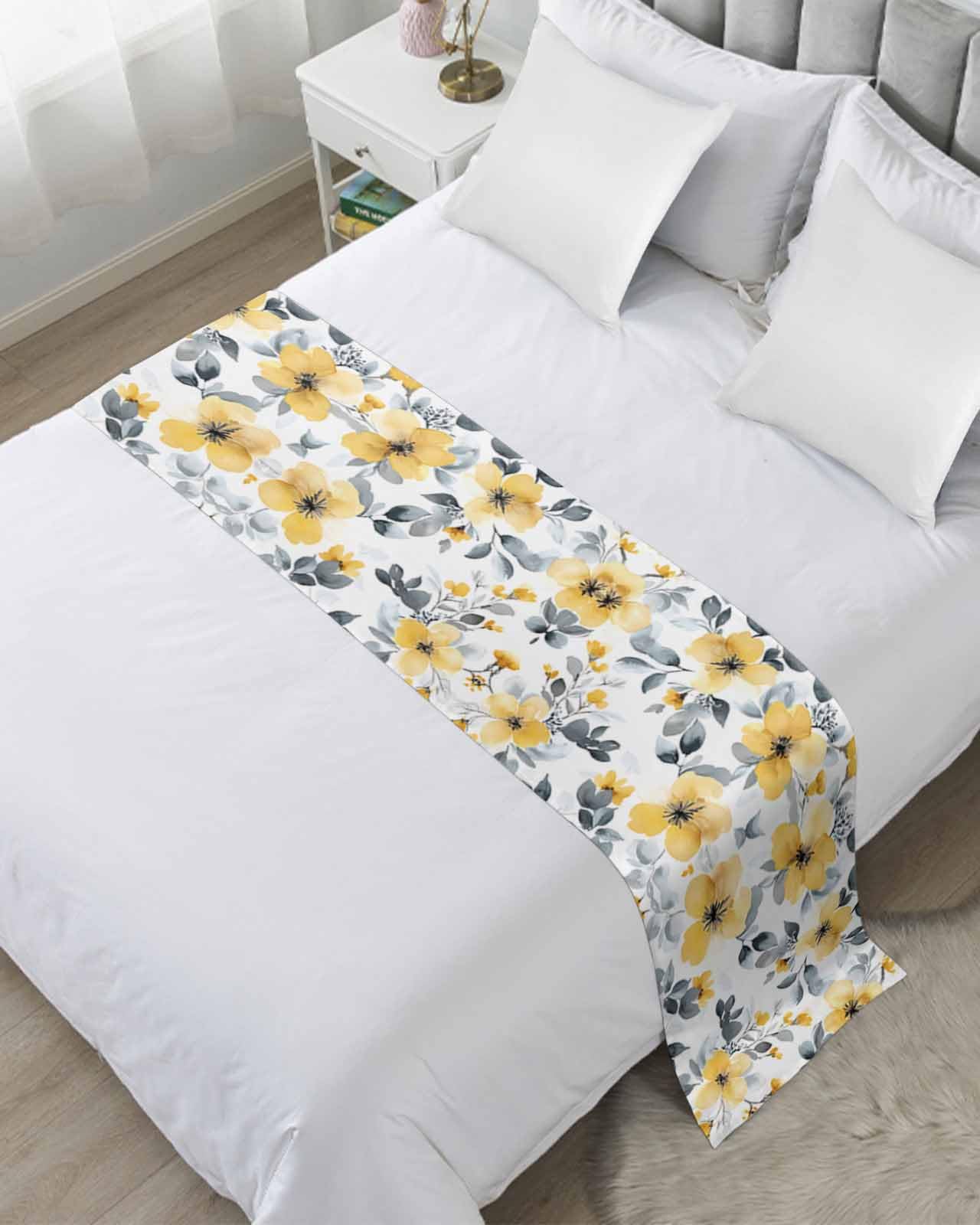 Yellow Floral Spring Bed Runner for King Size, Summer Botanical Gray Elegant Bedspread Protector Slipcover Bed Scarf for Foot Runners & Scarves for Bedroom Hotel Wedding Room 102x20 Inches
