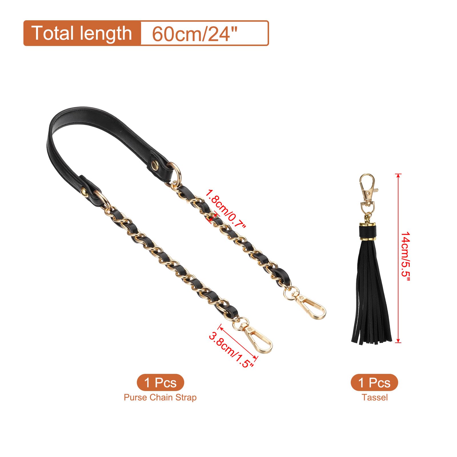 PATIKIL Purse Chain Strap, 24 Inch Leather Chain Strap Replacement with Tassel for Crossbody Bag Black/Gold - Image 2