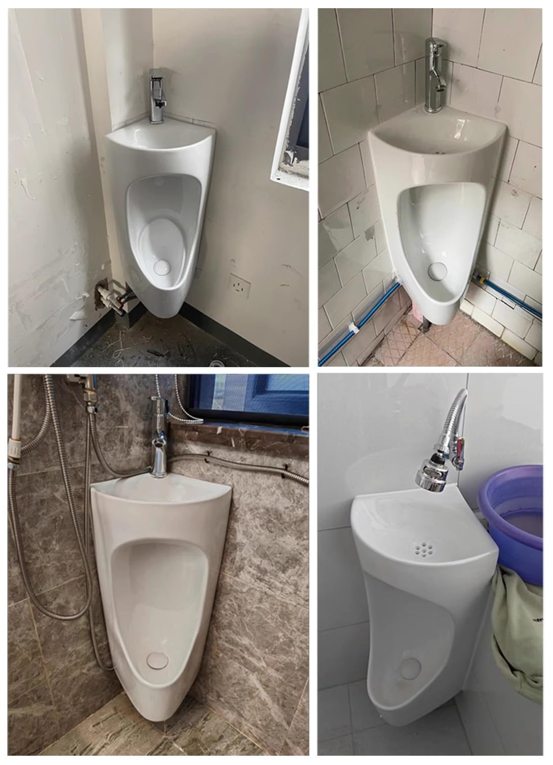 Orinal de esquina montado en la pared con lavabo y tubo, inodoro de cerámica para hombre, para baño, garaje, sótano, baño, fácil de limpiar (negro)