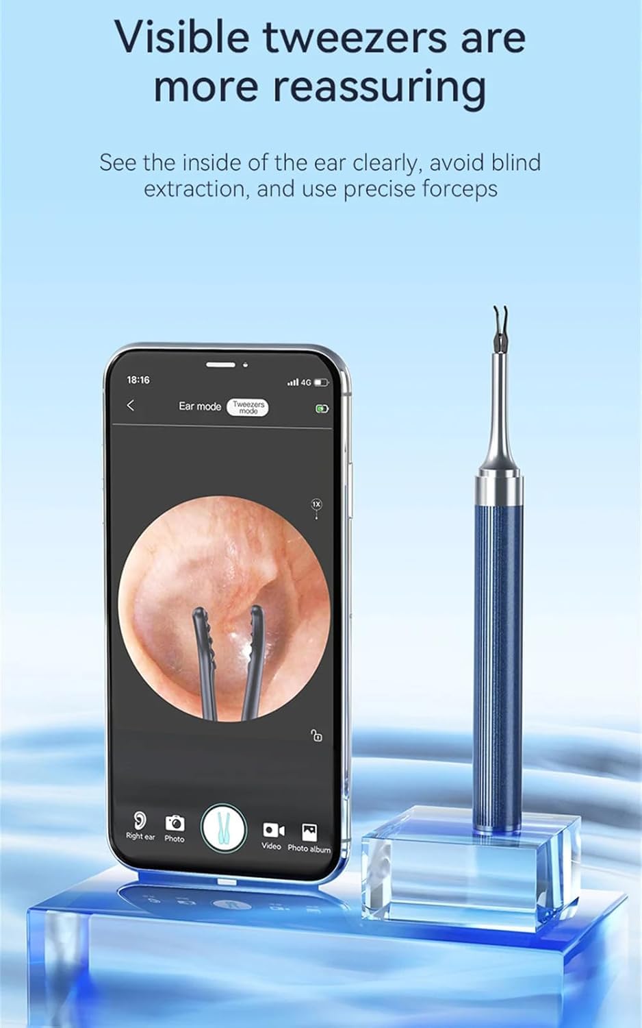 Zestaw do usuwania woskowiny Kamera uszna, bezprzewodowy czyścik do uszu 10 MP HD WiFi z 6 diodami LED, czyścik do uszu z patykiem i pęsetą, endoskop z otoskopem do ucha 3,2 mm, niebieski