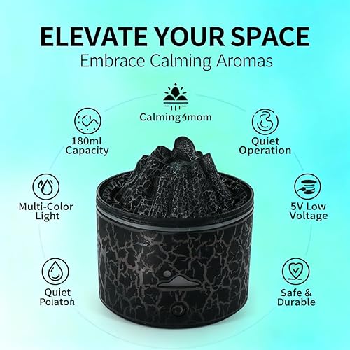 Miniatura 5 de Difusor de volcán cálido, humidificador negro de 6.1 fl oz, 5 V, ambiente relajante, apagado automático silencioso, ambientador de aceite esencial