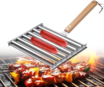 Hot Dog Roller for BBQ Grill, Stainless Steel Sausage Roller Rack with Detachable Wood Handle, BBQ Hot Dog Griller for Evenly Cooked Corn Grill for Outdoor Cooking and Barbecue