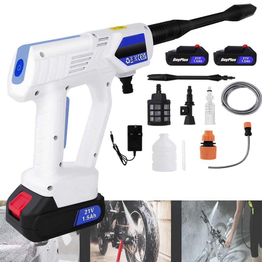 Cordless Pressure Washer Lightweight Electric Car Washer, 2x 21V 1.5Ah Lithium-Ion Battery and Charger, High Pressure Washer, 6 In 1 Wash Nozzle, Portable Car Washer for Car Garden Driveway Cleanner