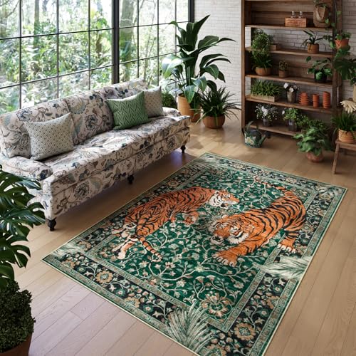 Moynesa Tiger 5x7 Area Rug, Boho Washable Living Room Rug, Non Slip Green Rugs for Bedroom, Ultra Thin Vintage Soft Stain Resistant Throw Floor Carpet for Office Dining Room