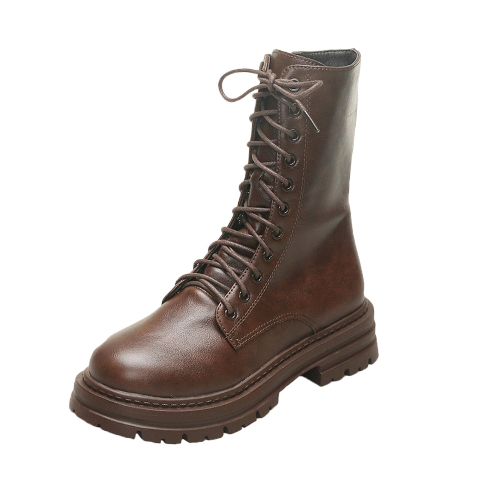 Womens Platform Combat Boots Lace Up Side Zipper Ankle Boot Lug Sole Fall Winter Mid Calf Booties Military