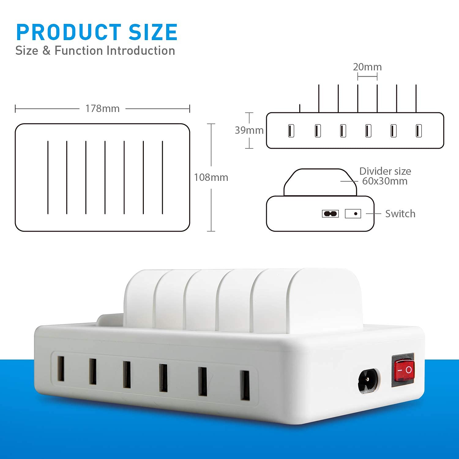 YOJA Station de Charge 6 Ports USB Chargeur Multiple Station Recharge Support de Charge Station Chargement pour Tablette Smartphone and Autres, avec 6 Câbles Courts, Couleur Blanc