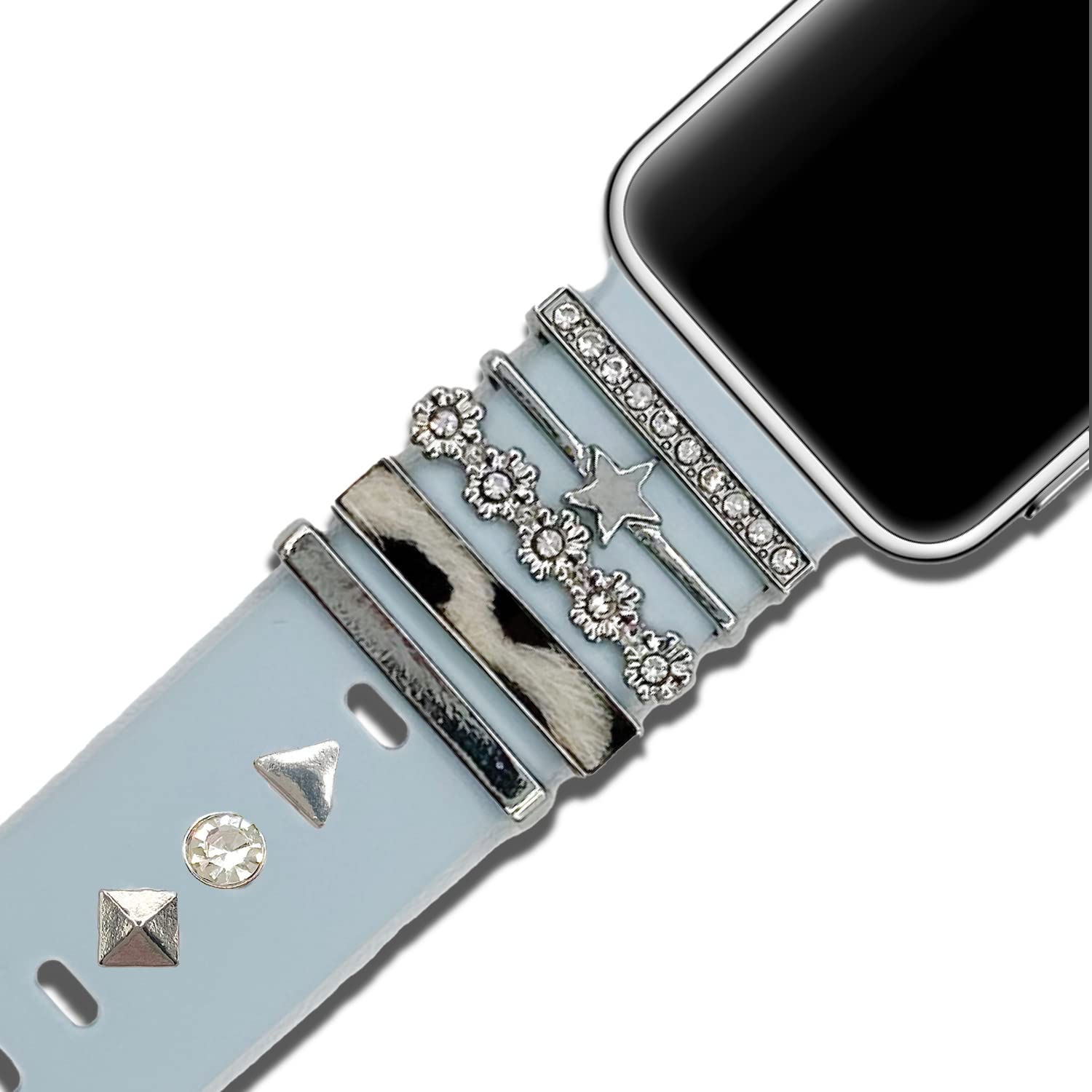 Watch Band Charms and Studs 8 piece Set Compatible with Apple Watch Band 38mm 40mm 41mm 42mm 44mm 45mm Samsung, Fitbit, Metal Diamond Charms Accessories, Perfect Apple watch accessories for women -