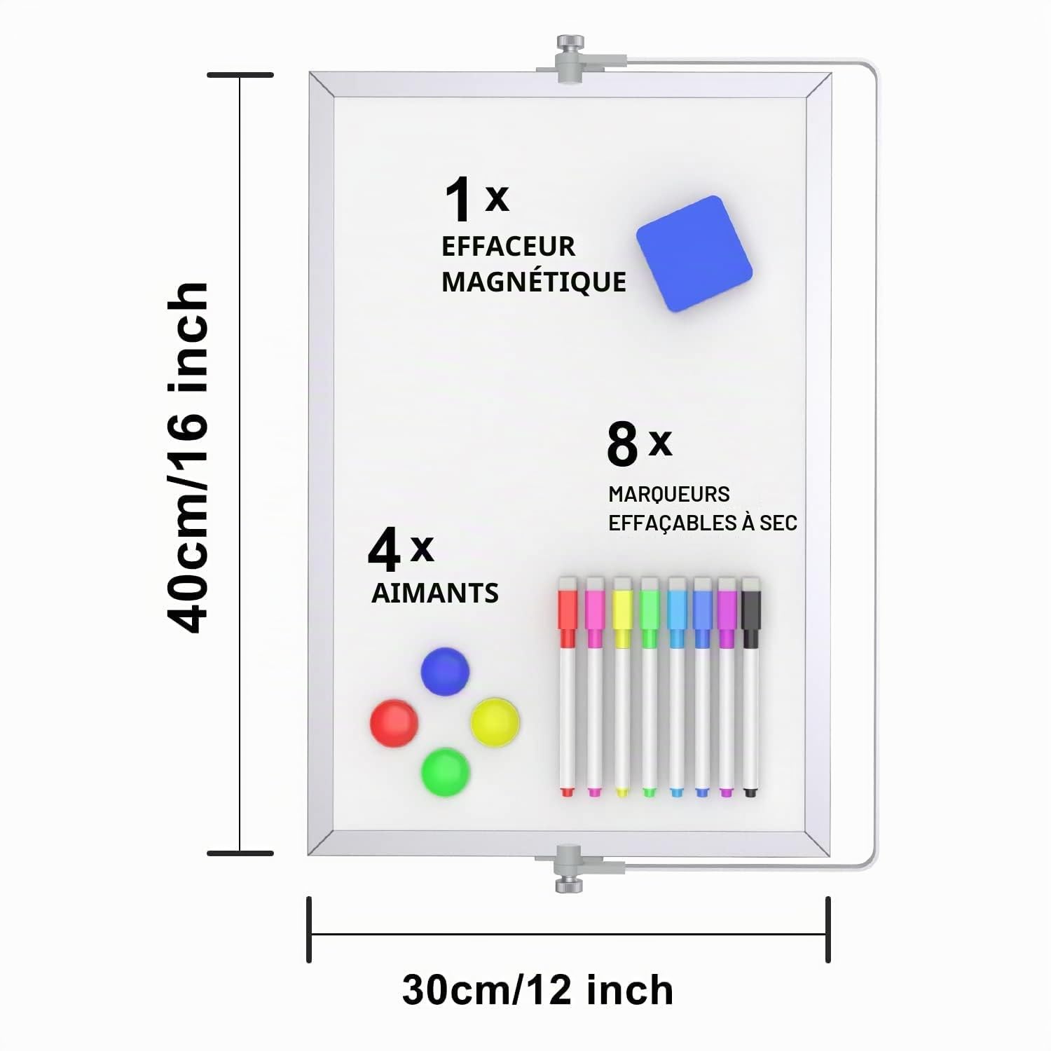 OWill Tableau Blanc Magnétique A3 (30x40cm) avec Cadre Aluminium et Support Ajustable,Petit Tableau de Bureau Double Face pour Télétravail,Cuisine et Mémo,Inclus 8 Marqueurs,Brosse et Aimants