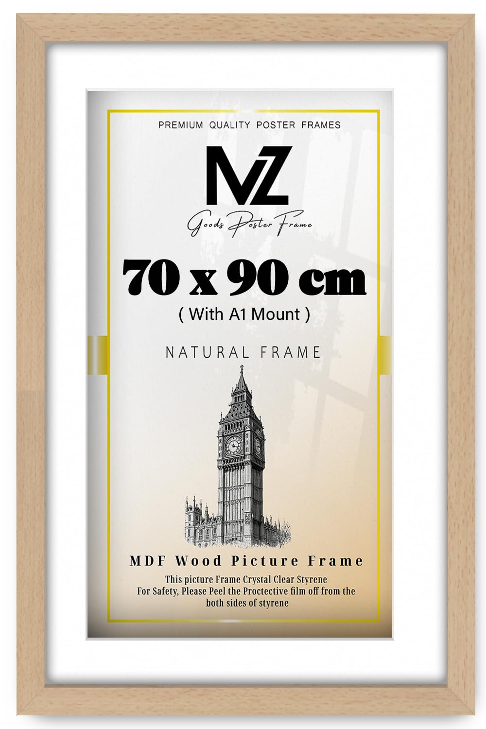 MZ GOODS | MDF Modern Poster Frame (90 x 70 cm) with A1-(59.40 x 84.10 cm) White Mount Engineered Wood | 36" x 28" Art Print, Certificate, Home & Office Frame [ Beech ]