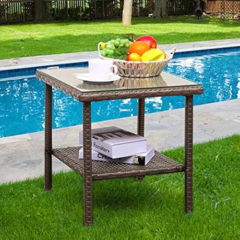 Valita Outdoor Wicker Glass Top Side Table - Garden Metal Square Tea Table with Storage, Brown Cover