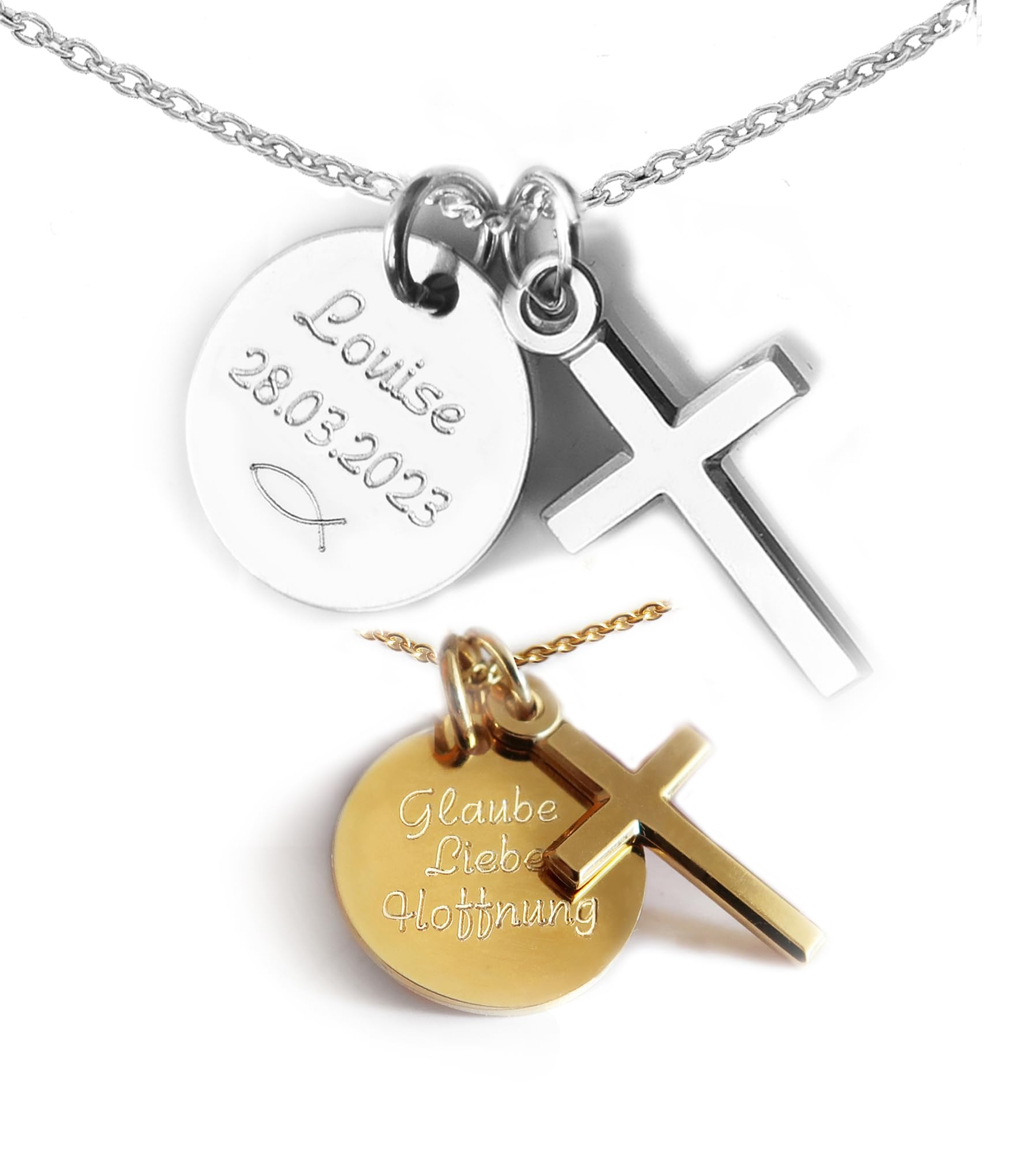 LATIGGA Personalisierte Kette mit kleinem Kreuzanhänger und Gravur – 925 Silber oder vergoldet - Geschenk für Damen, Mädchen zur Taufe, Kommunion oder Firmung